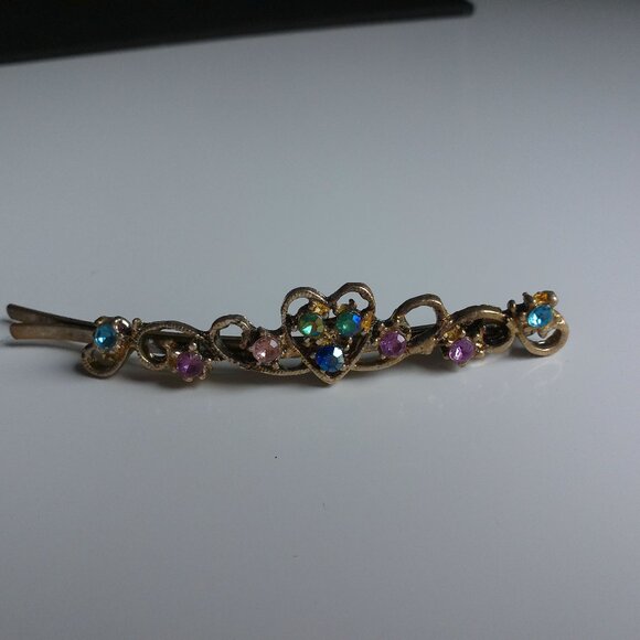 Heart Hair Clip, Silver/Gold color, Pink and blue rhinestone, shiny crystals - Picture 13 of 15